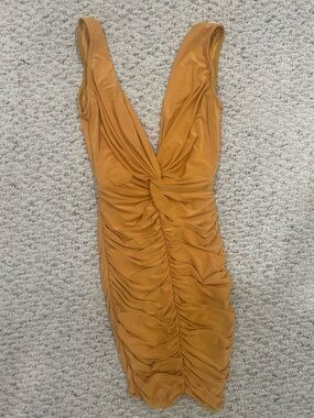 Fashion Nova Mustard Twist-Ruched Plunge Mini Dress